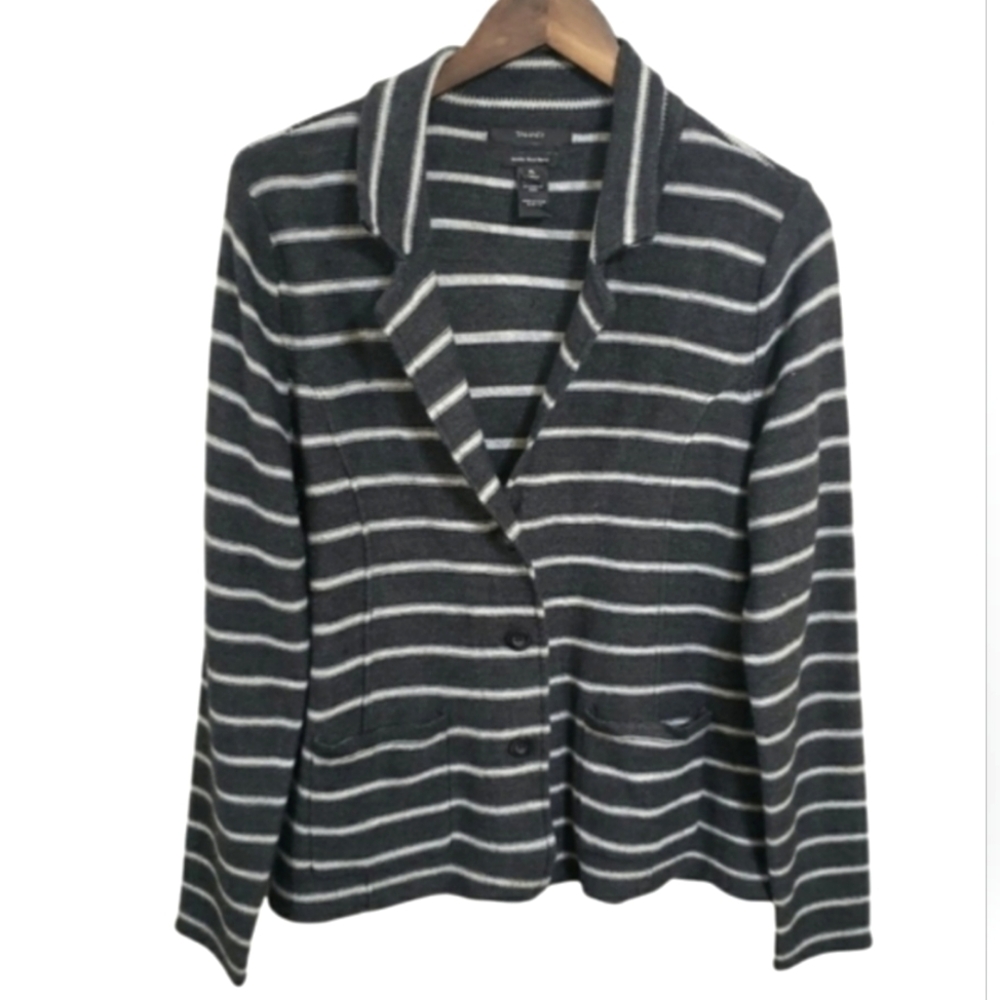 Tahari Merino Wool Blend Heather Gray and White Striped Cardigan Sweater Size XL